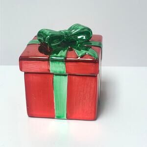 Vintage Metallic Red and Green Present Trinket Box with a Bow